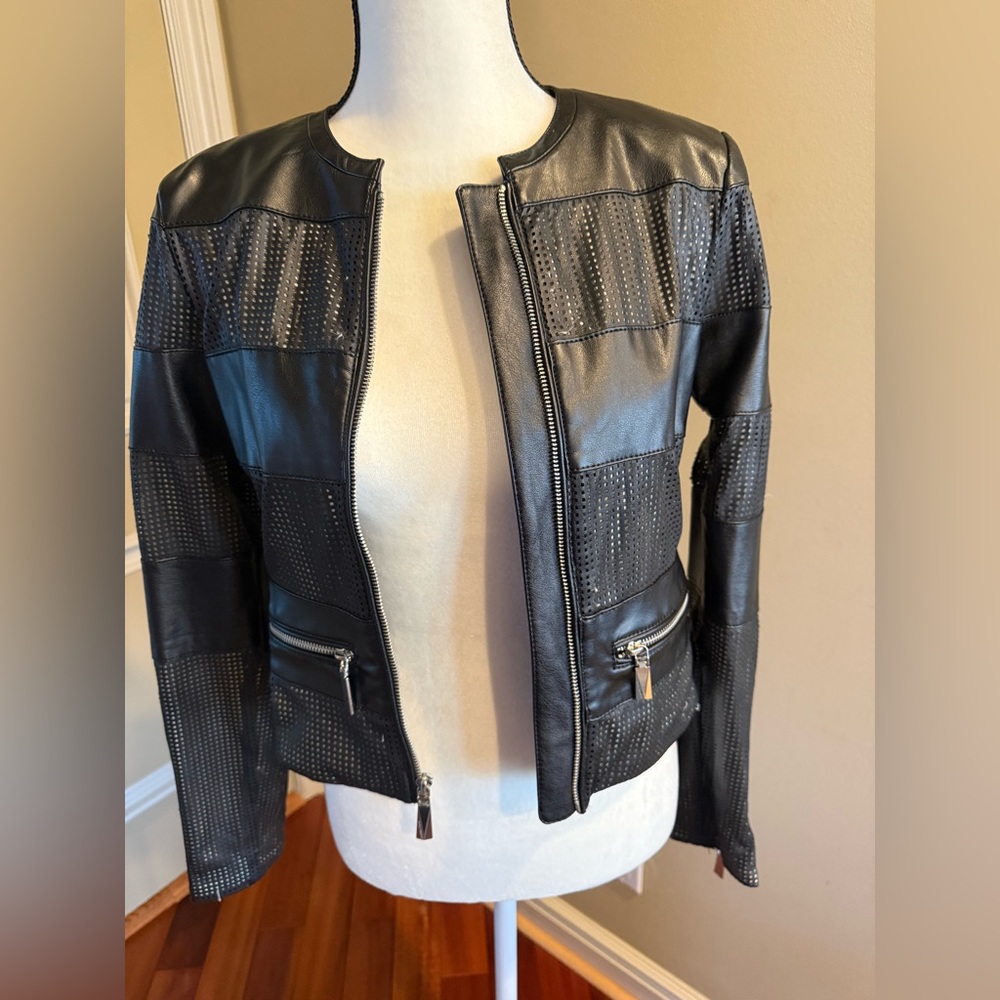 Vince Camuto Black Perforated Panel Leather Jacket